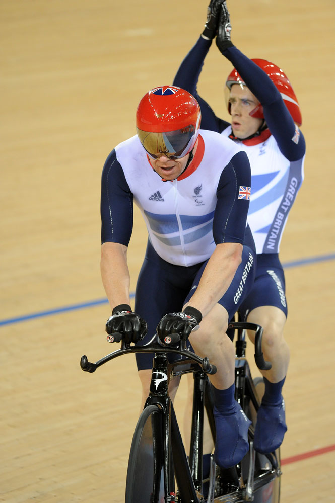 para12-track3-am-Storey-&-Fachie-celebrate.jpg Barney Storey and Neil Fachie win tandem gold, London 2012 Paralympic Games, track cycling day three, morning