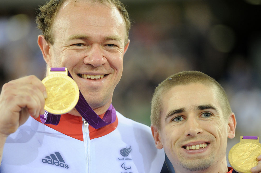 para12-track3-am-Storey-&-Fachie-medals-2.jpg Barney Storey and Neil Fachie win tandem gold, London 2012 Paralympic Games, track cycling day three, morning
