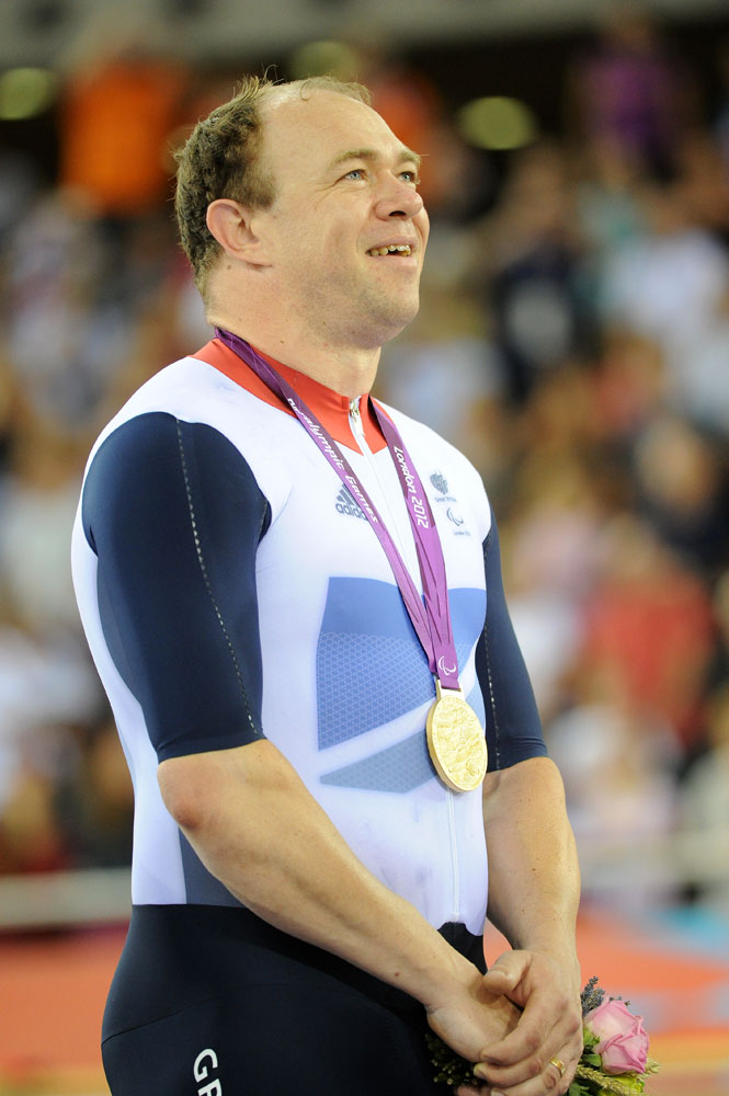 para12-track3-am-Storey-podium.jpg Barney Storey, tandem gold, London 2012 Paralympic Games, track cycling day three, morning