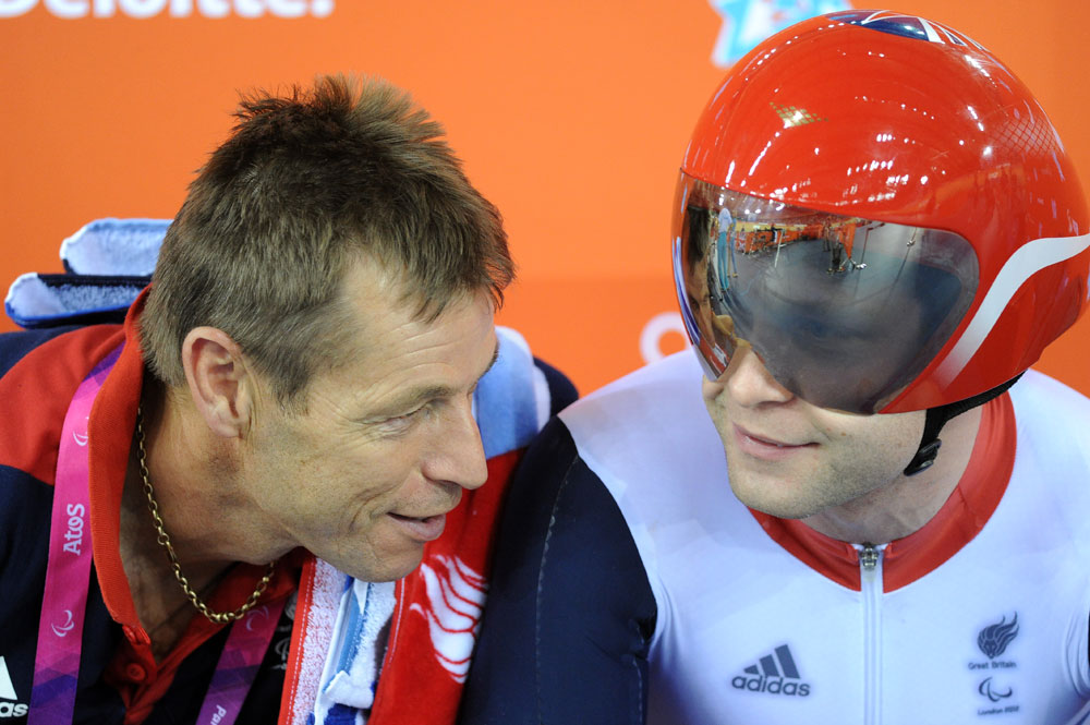 Jon Allan Butterworth and helper, London 2012 Paralympic Games, track day three afternoon