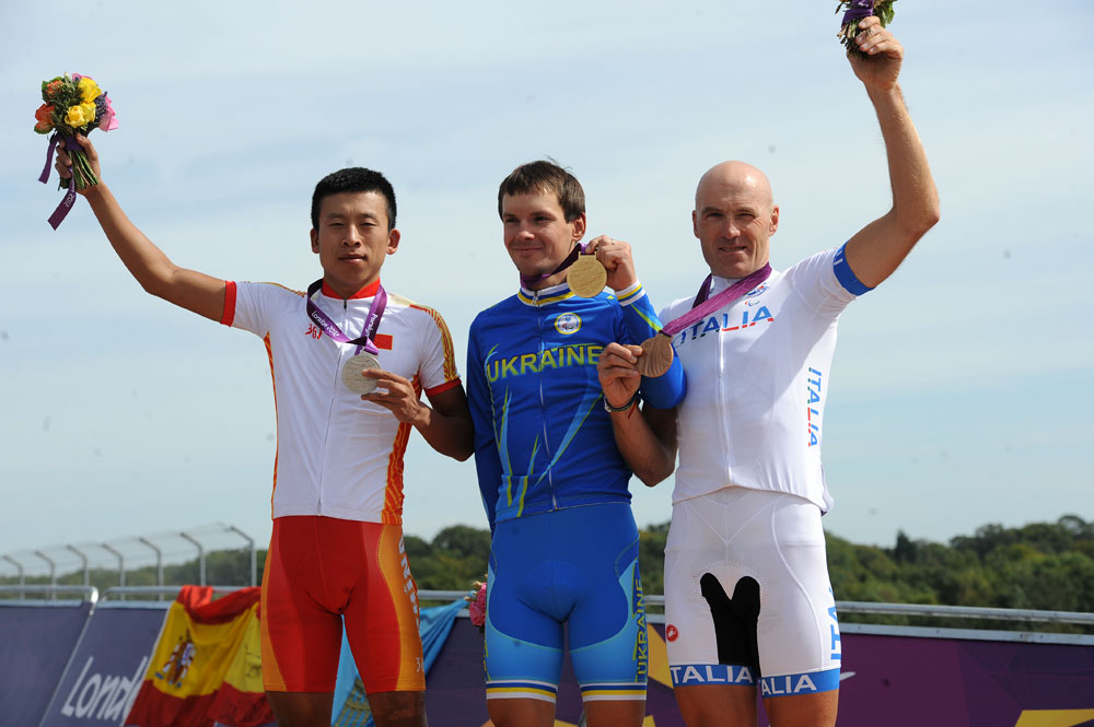 Men's C4-5 road race podium, London 2012 Paralympic Games, road cycling day two