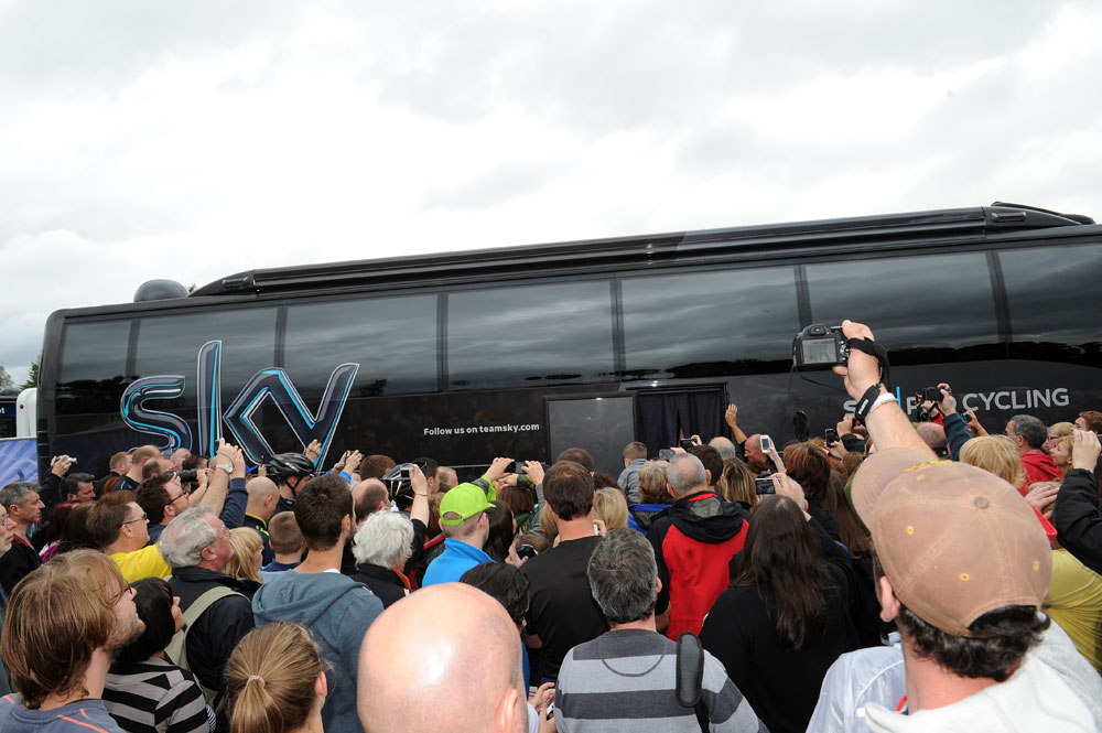 Sky bus and fans, Tour of Britain 2012, stage two