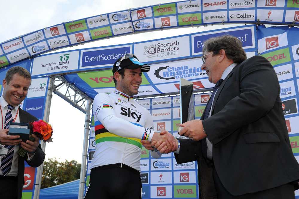 Mark Cavendish on podium, Tour of Britain 2012, stage three
