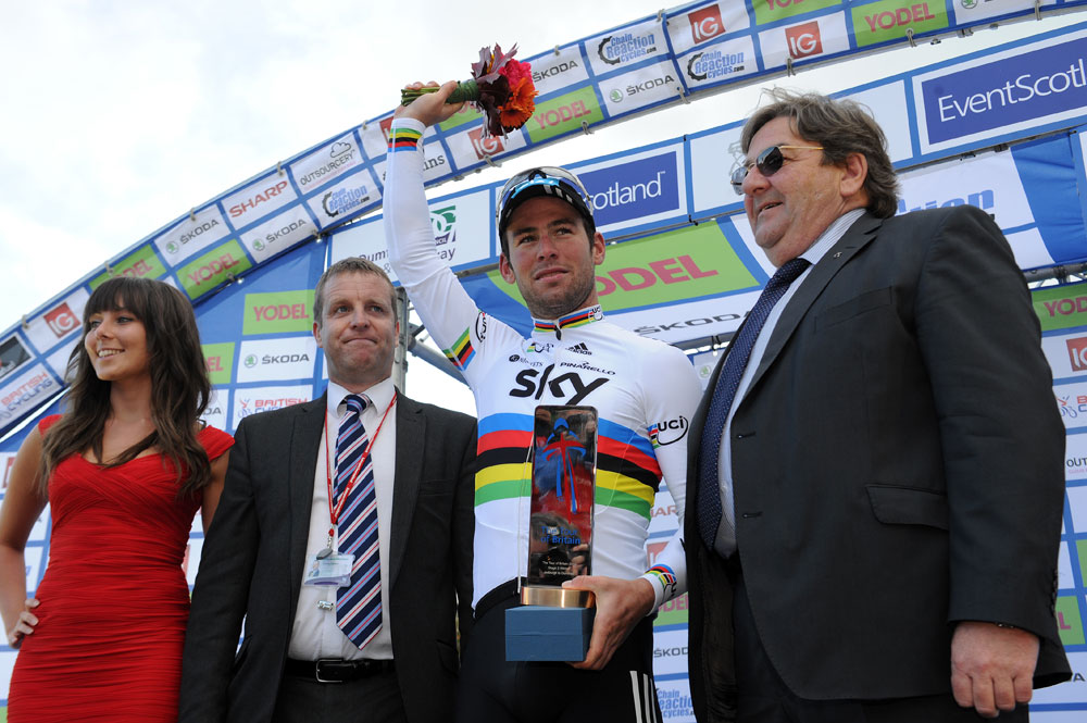 Mark Cavendish on podium, Tour of Britain 2012, stage three