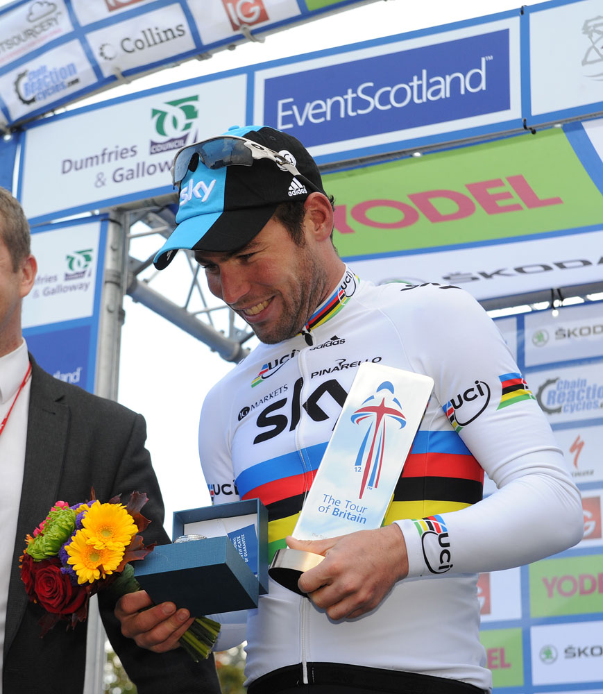 Mark Cavendish on podium, Tour of Britain 2012, stage three