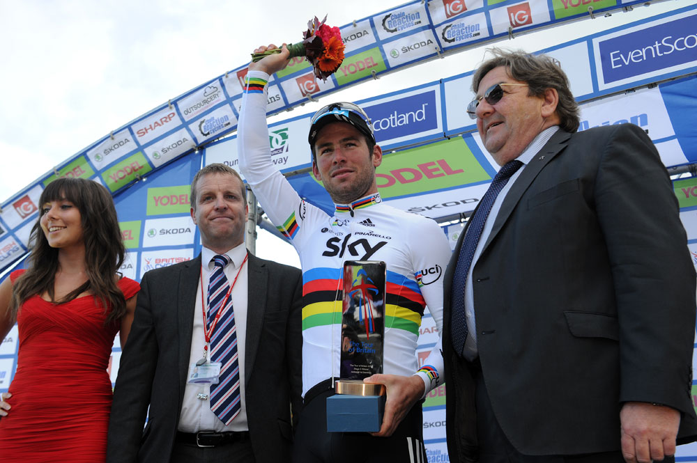 Mark Cavendish on podium, Tour of Britain 2012, stage three