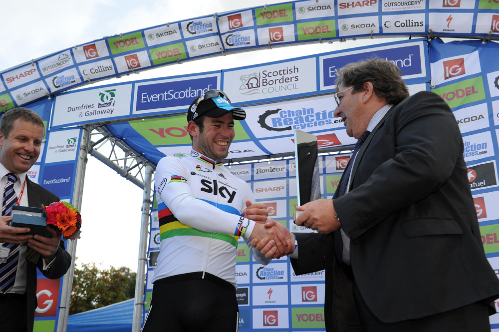 Mark Cavendish on podium, Tour of Britain 2012, stage three