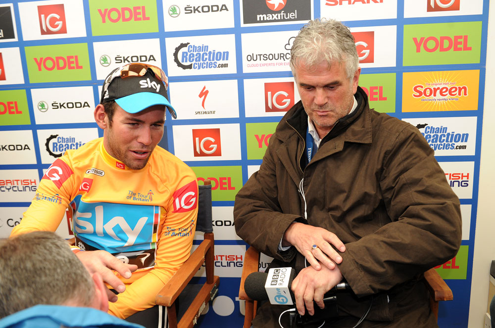 Mark Cavendish and Radio 5's Peter Slater, Tour of Britain 2012, stage four