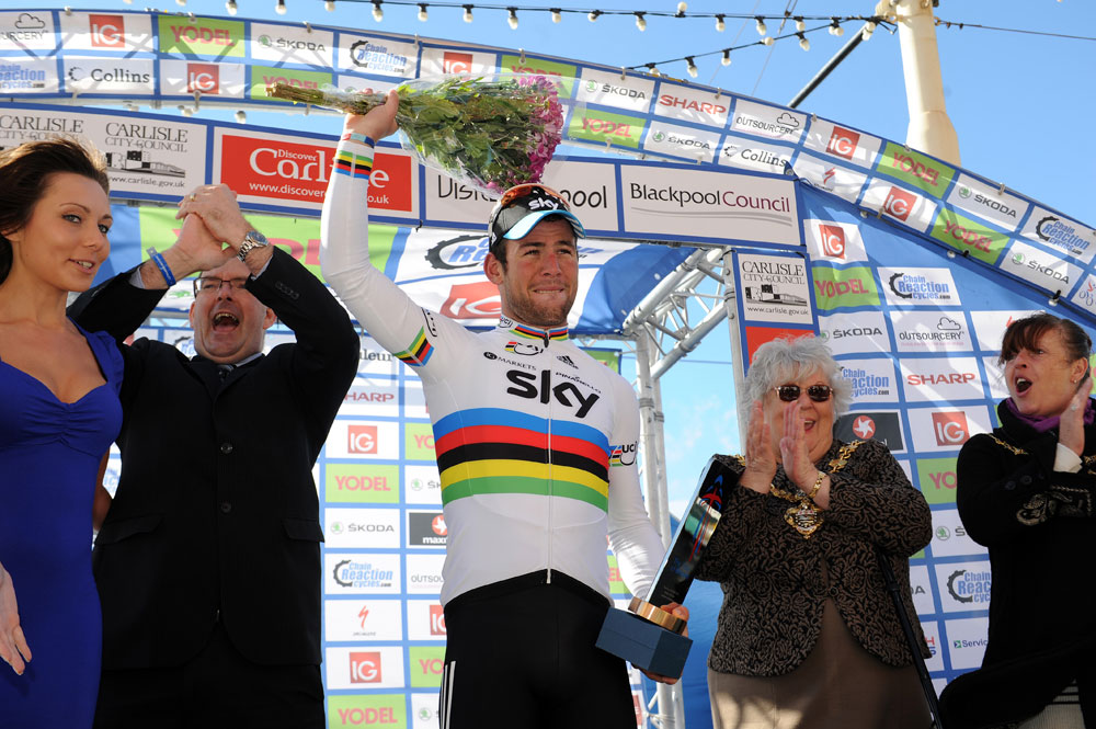 Mark Cavendish on podium, Tour of Britain 2012, stage four