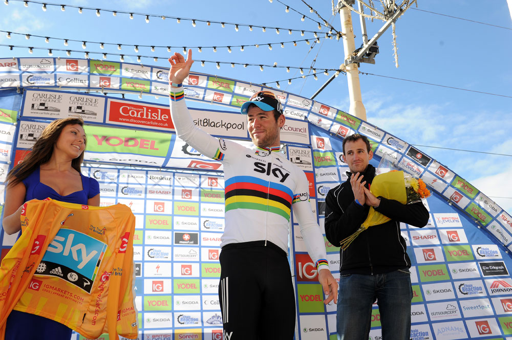 Mark Cavendish on podium, Tour of Britain 2012, stage four