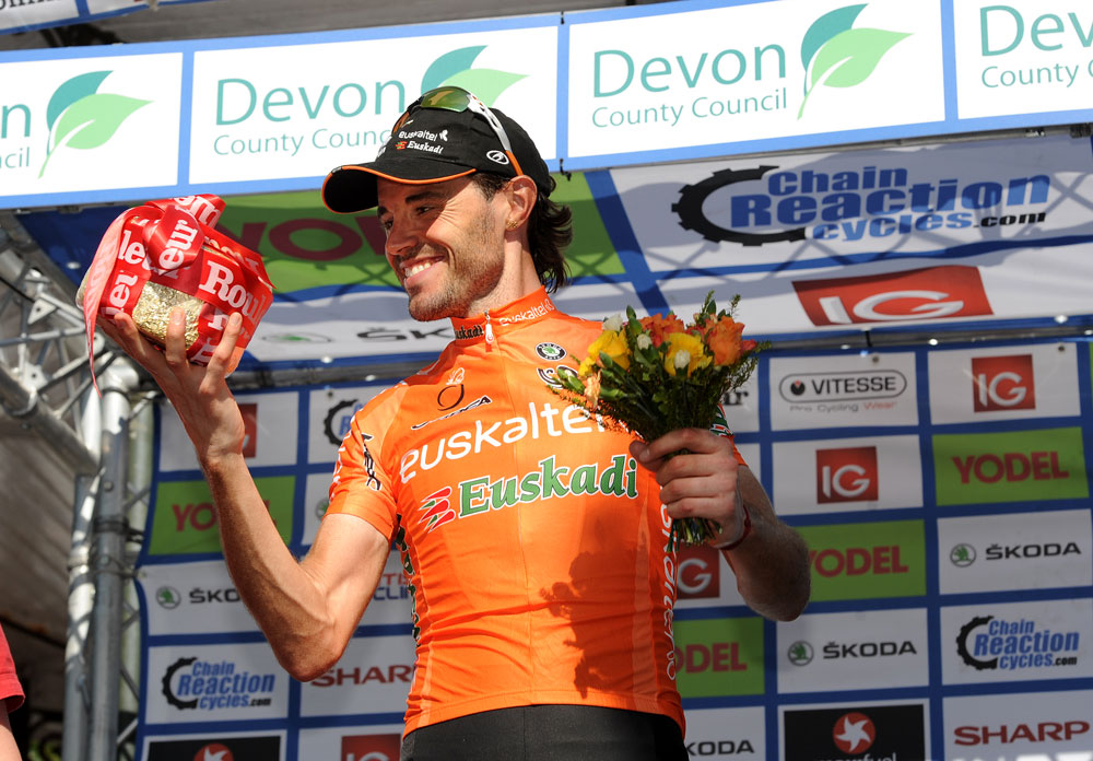 Samuel Sanchez on podium, Tour of Britain 2012, stage seven
