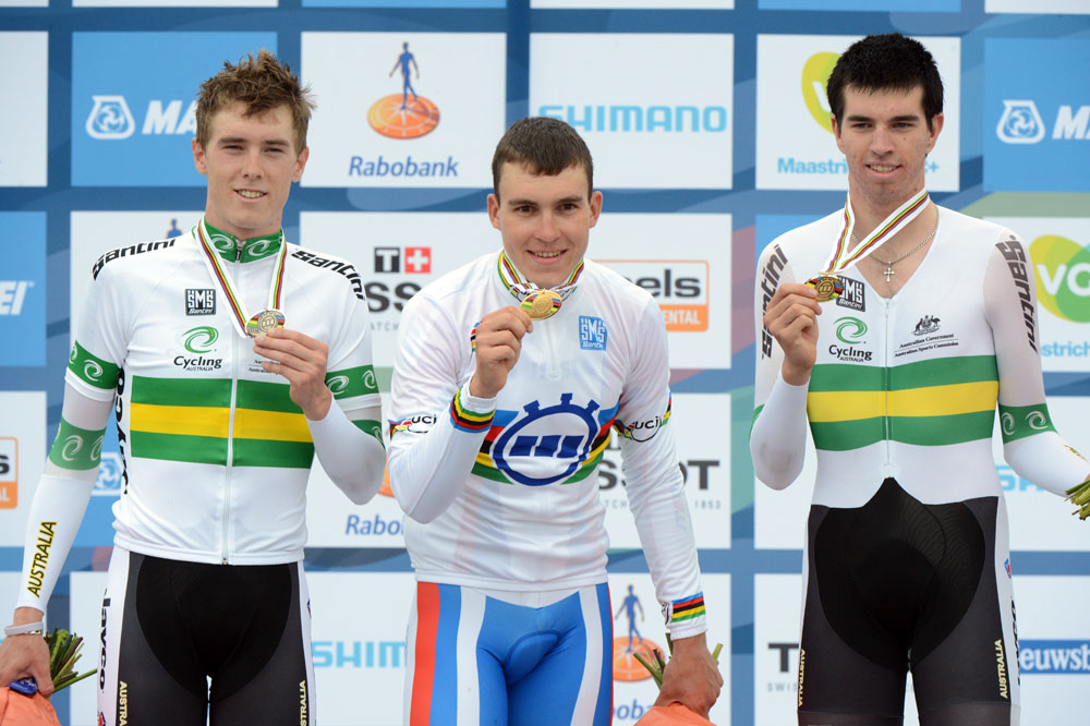 worlds12-u23-men-tt-podium.jpg Anton Vorobyev tops podium, Under-23 men's time trial, World Championships 2012