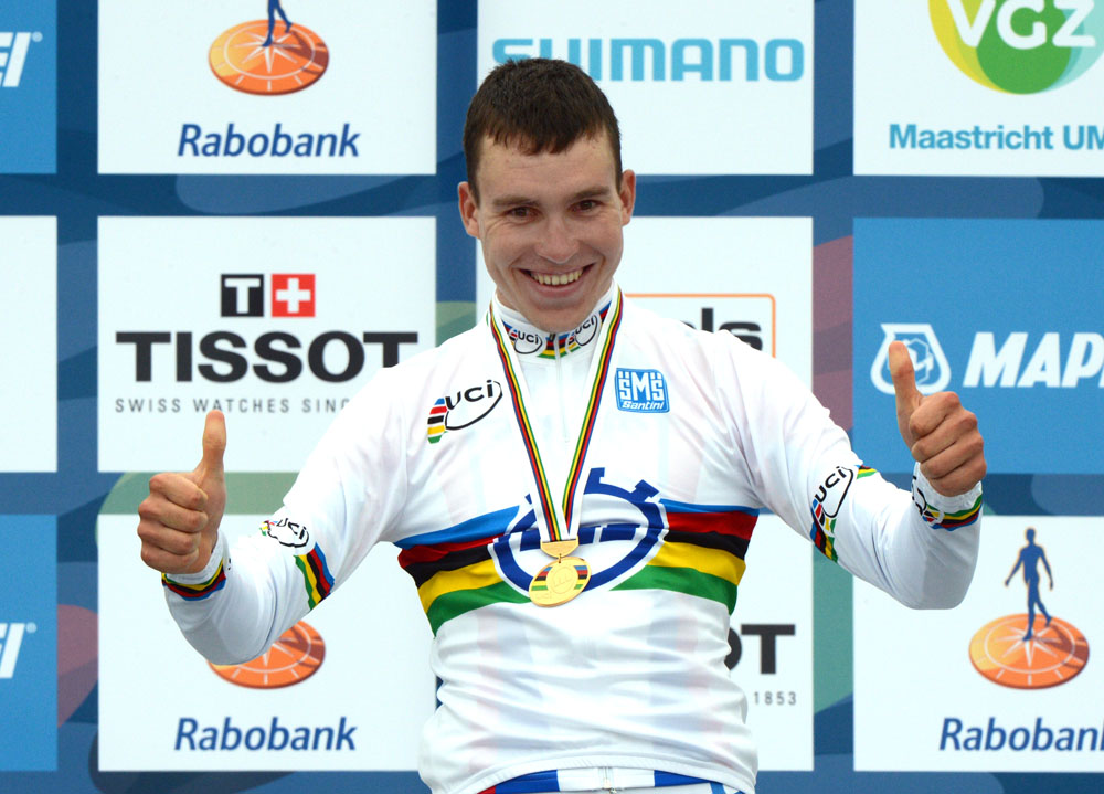 worlds12-u23-men-tt-vorobyev podium.jpg Anton Vorobyev wins, Under-23 men's time trial, World Championships 2012