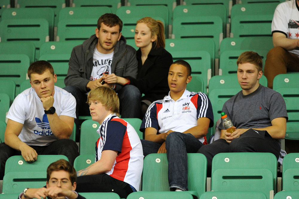 British Cycling riders watch from stands, British national track champs 2012, day two