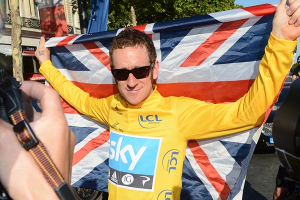 Bradley Wiggins and union flag, Tour de France 2012 Bradley Wiggins and union flag, Tour de France 2012