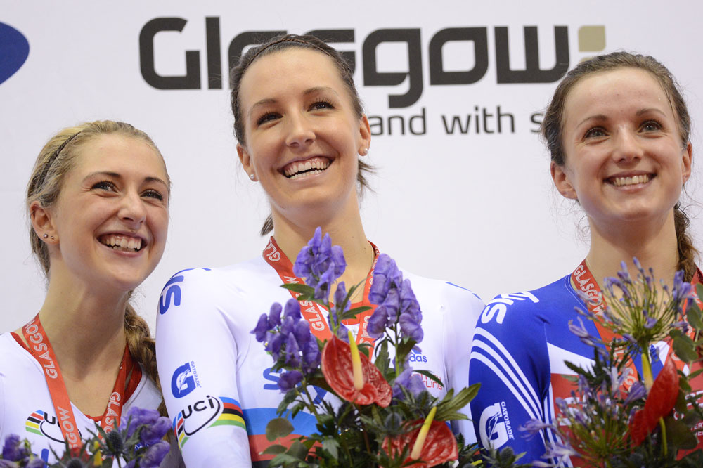Trott, King and Barker on team pursuit podium, Track World Cup, Glasgow 2012, day one