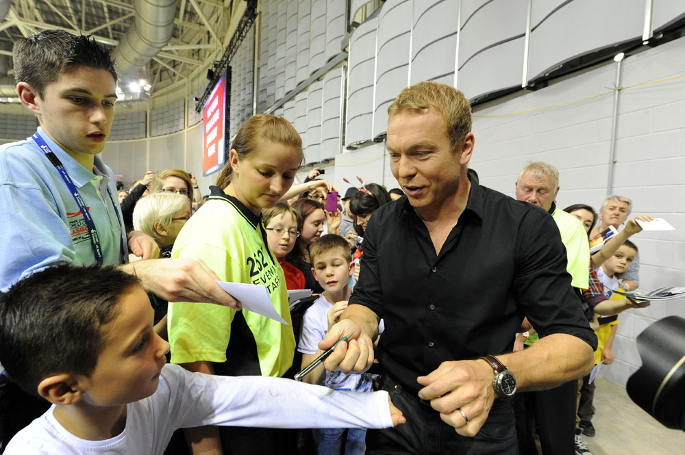 Sir Chris Hoy and fans, Glasgow Track World Cup 2012, day three