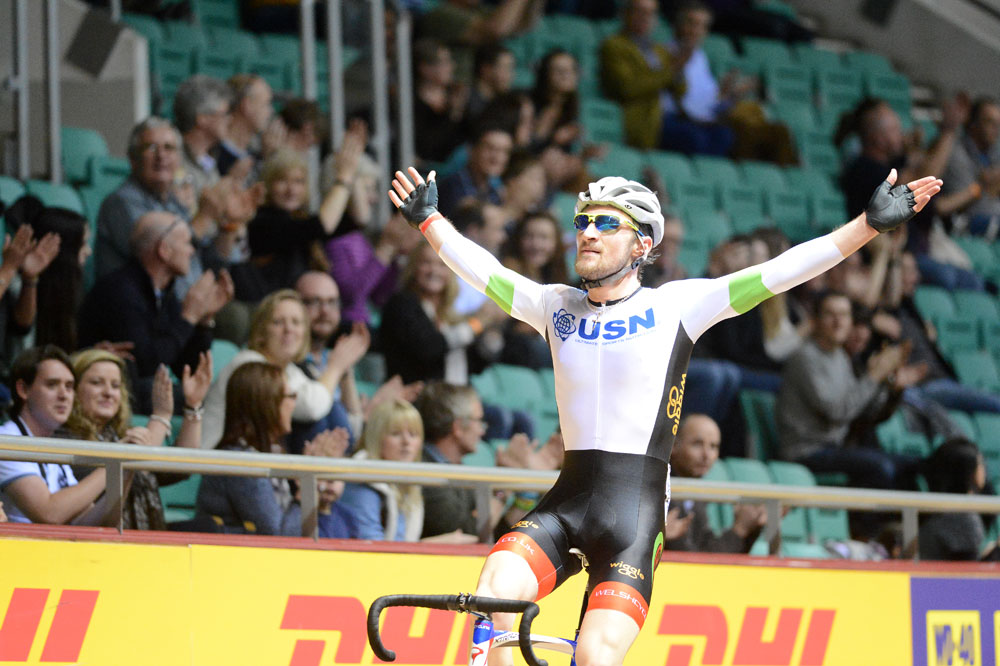 George Atkins celebrates, British Madison National Championships 2013