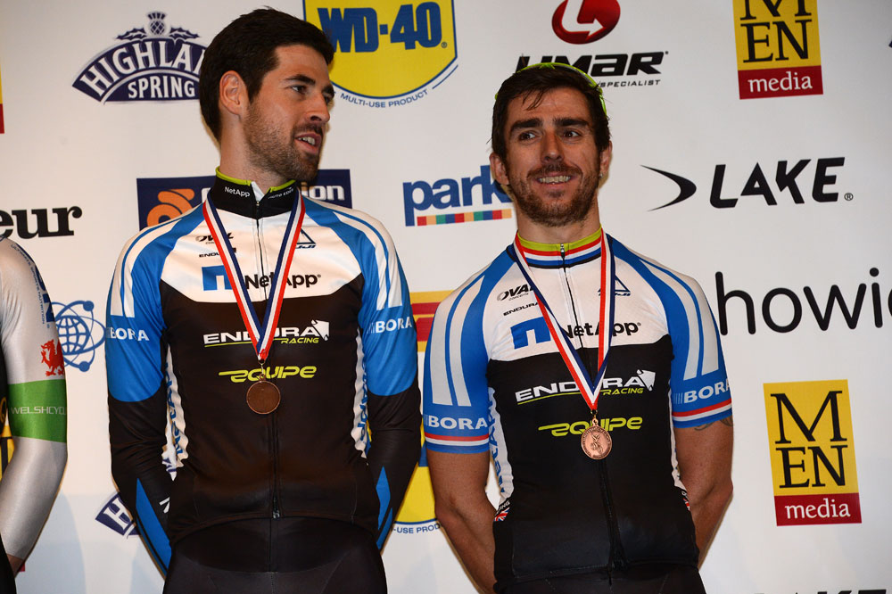 nat-madison-champs-13-McEvoy-&-Downing-podium.jpg Jonny McEvoy and Russell Downing, third, British Madison National Championships 2013