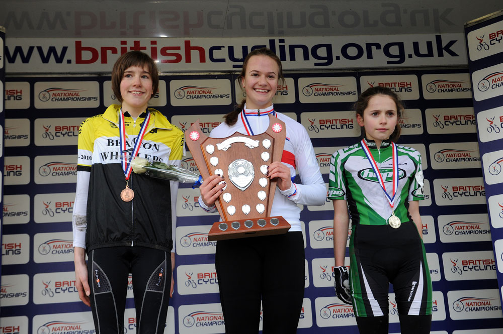 Under-14 girls podium, British cyclo-cross National Champs 2013