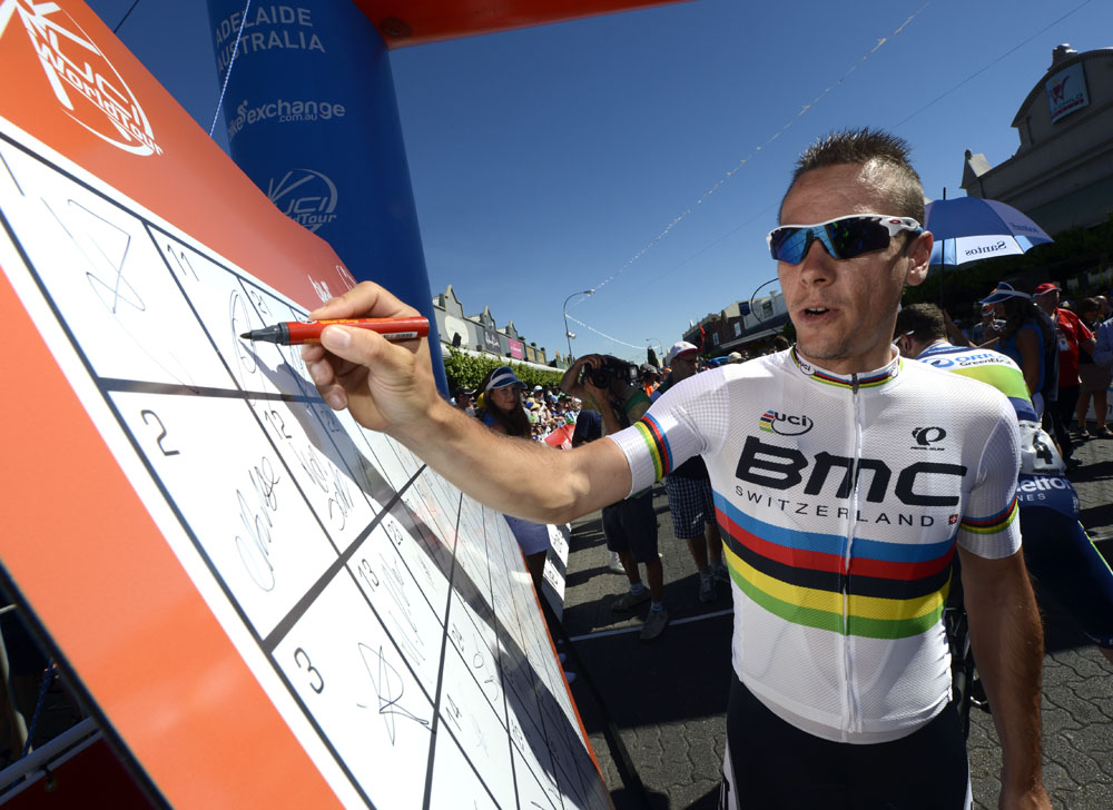 Photo: Philippe Gilbert signs on, Tour Down Under 2013, stage three.