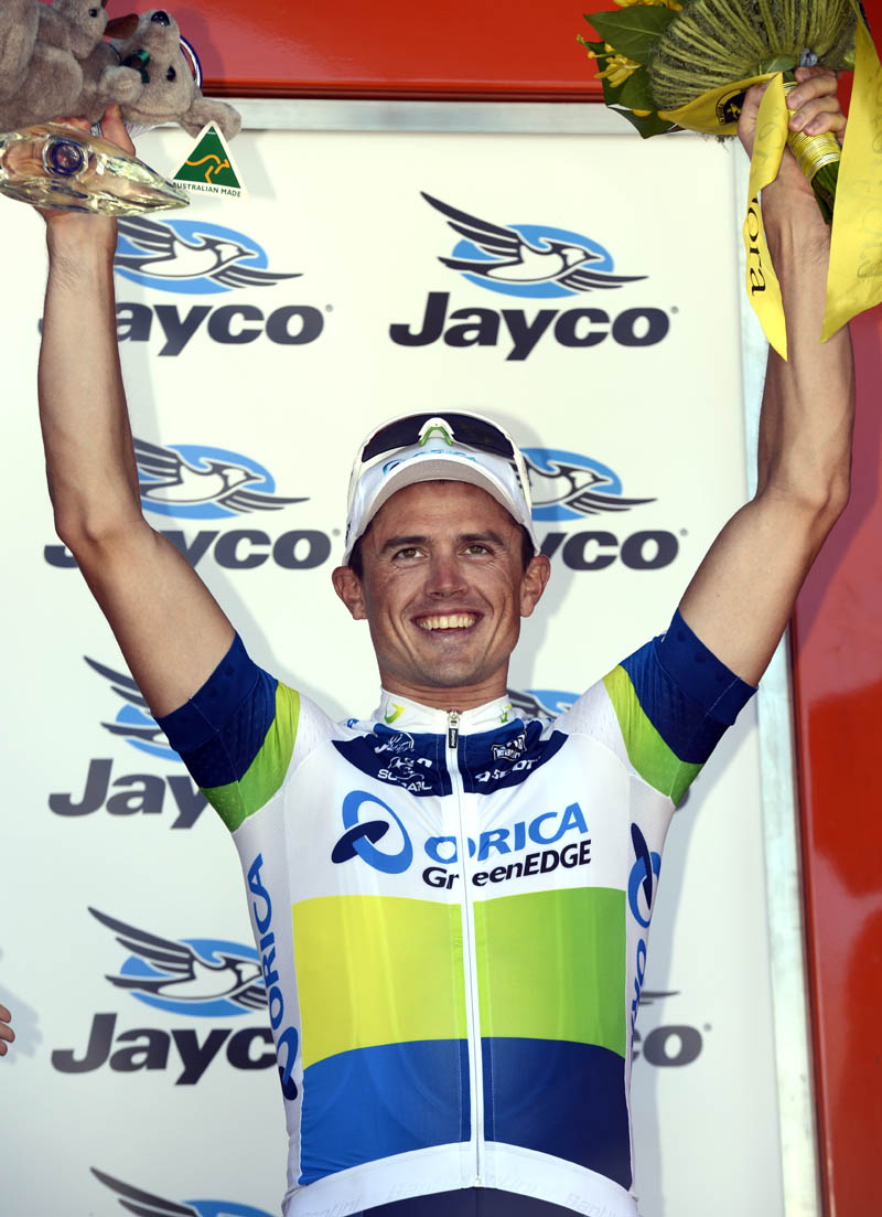 Simon Gerrans on podium, Tour Down Under 2013, stage five