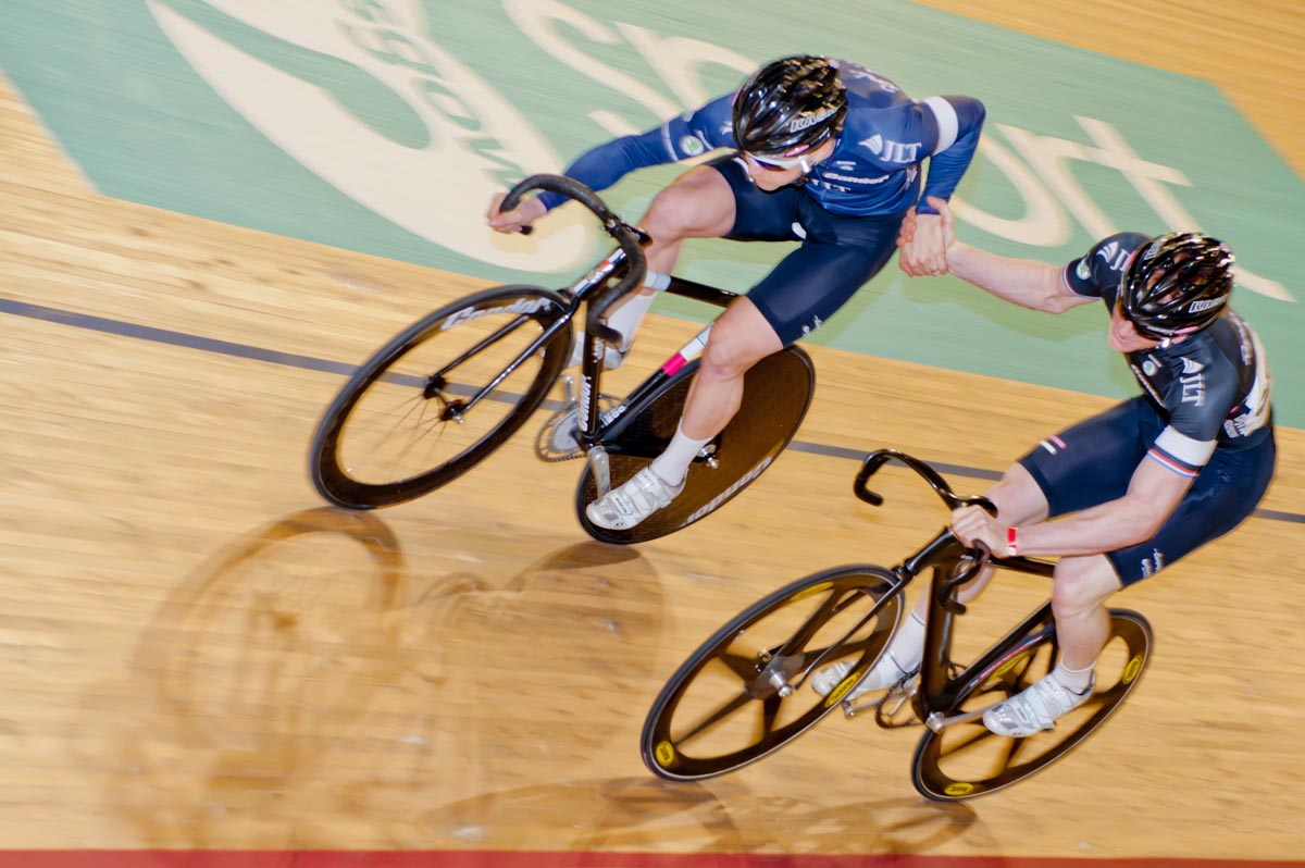 Rapha Condor JLT team mates Clancy and McCallum change in the Madison, Revolution 40, February 2013