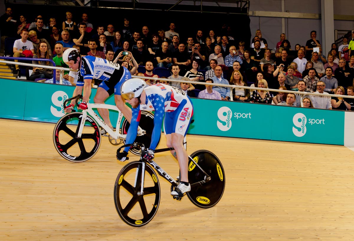 Craig MacLean and Kevin Mansker trackstand for the crowd in Sprint qualis, Revolution 40, February 2013