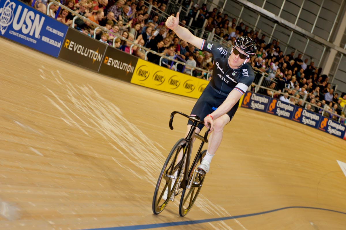 Series standout rider, Ed Clancy salutes the crowd, Revolution 40, February 2013