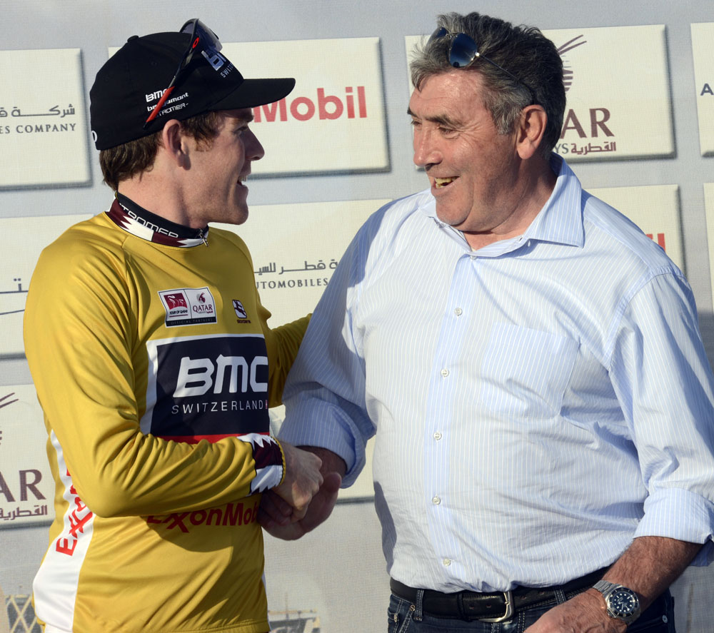 Race leader Brent Bookwalter shakes hands with Eddy Merckx Tour of Qatar 2013, stage two team time trial