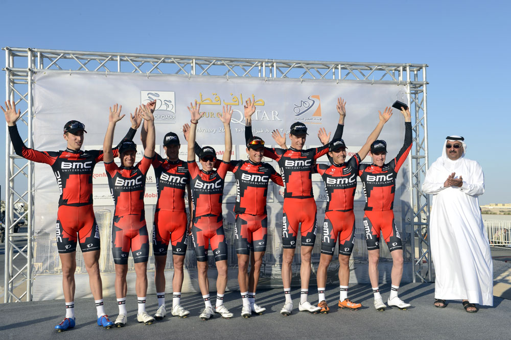 BMC on podium, Tour of Qatar 2013, stage two TTT
