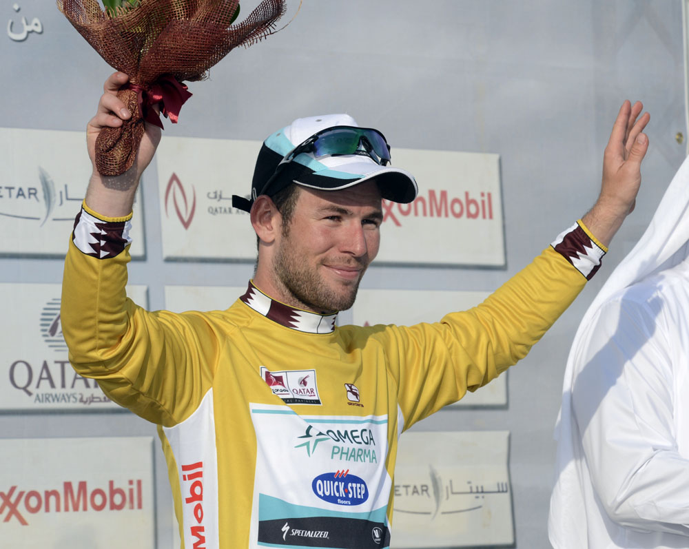 Mark Cavendish on podium, Tour of Qatar 2013, stage five