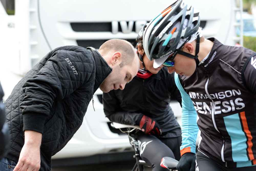 Roger Hammond checks bikes, Madison-Genesis training in Majorca, 2013