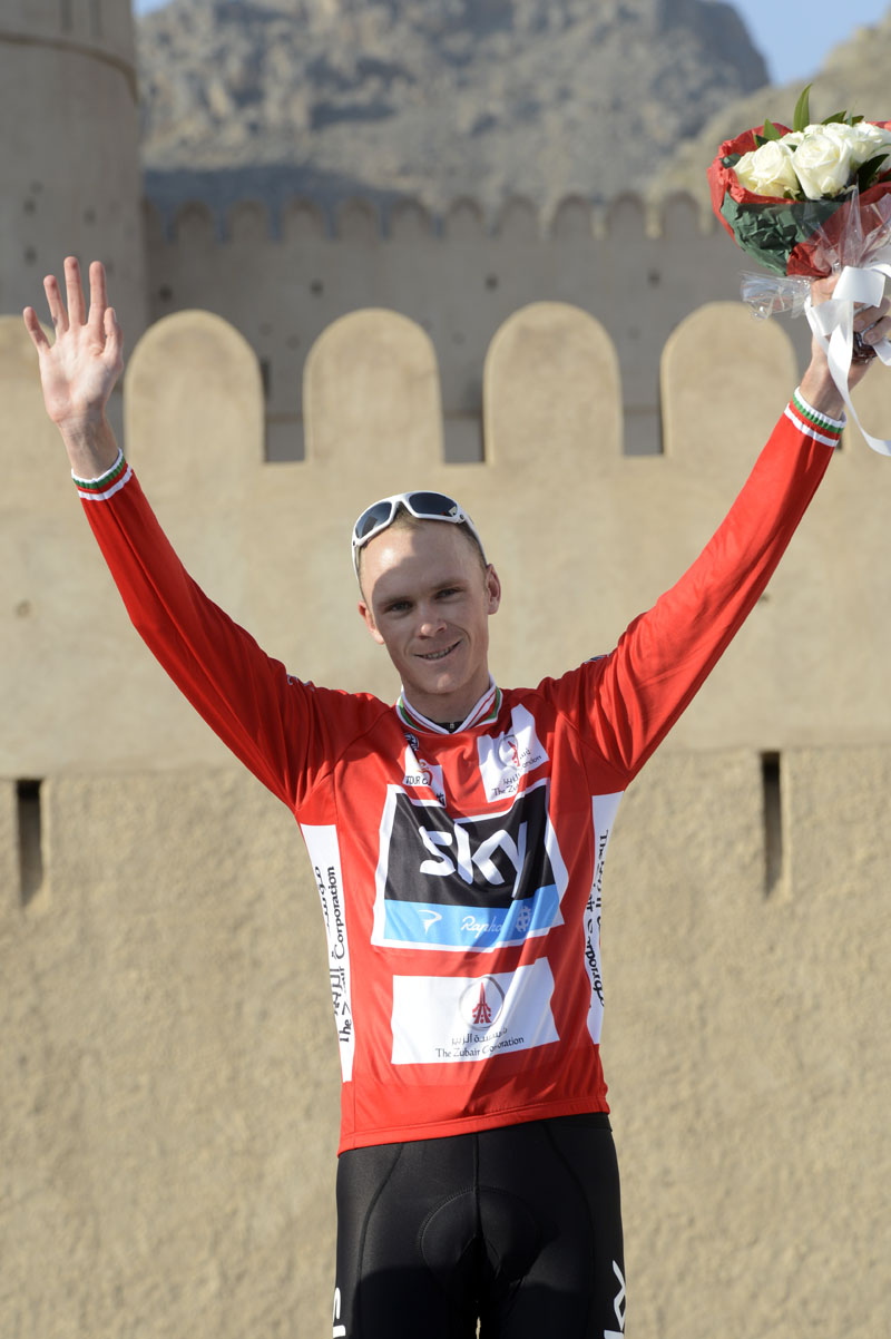 Chris Froome on podium, Tour of Oman 2013, stage four