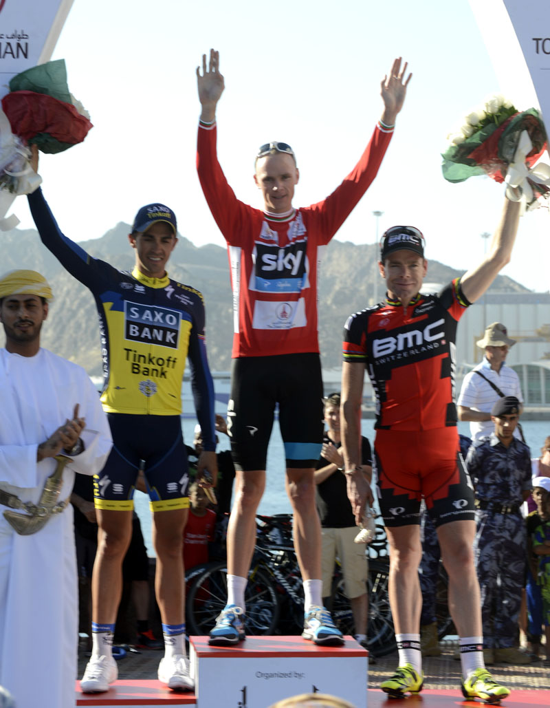 Alberto Contador, Chris Froome and Cadel Evans on the podium, Tour of Oman 2013, stage six