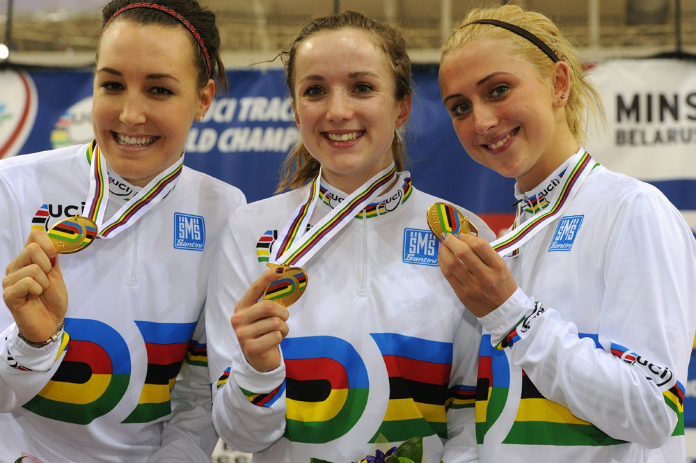 trackworlds13-d2pm-GB-Team-Pursuit.jpg Dani King, Laura Trott and Elinor Barker win team pursuit, Track World Championships 2013, day two, evening