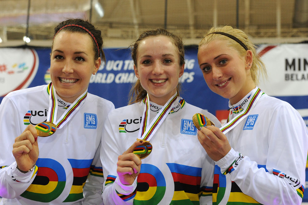 trackworlds13-d2pm-GB-TP-medals.jpg Dani King, Laura Trott and Elinor Barker win team pursuit, Track World Championships 2013, day two, evening