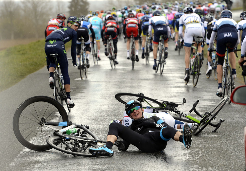 Ian Boswell falls, Paris-Nice 2013, stage two
