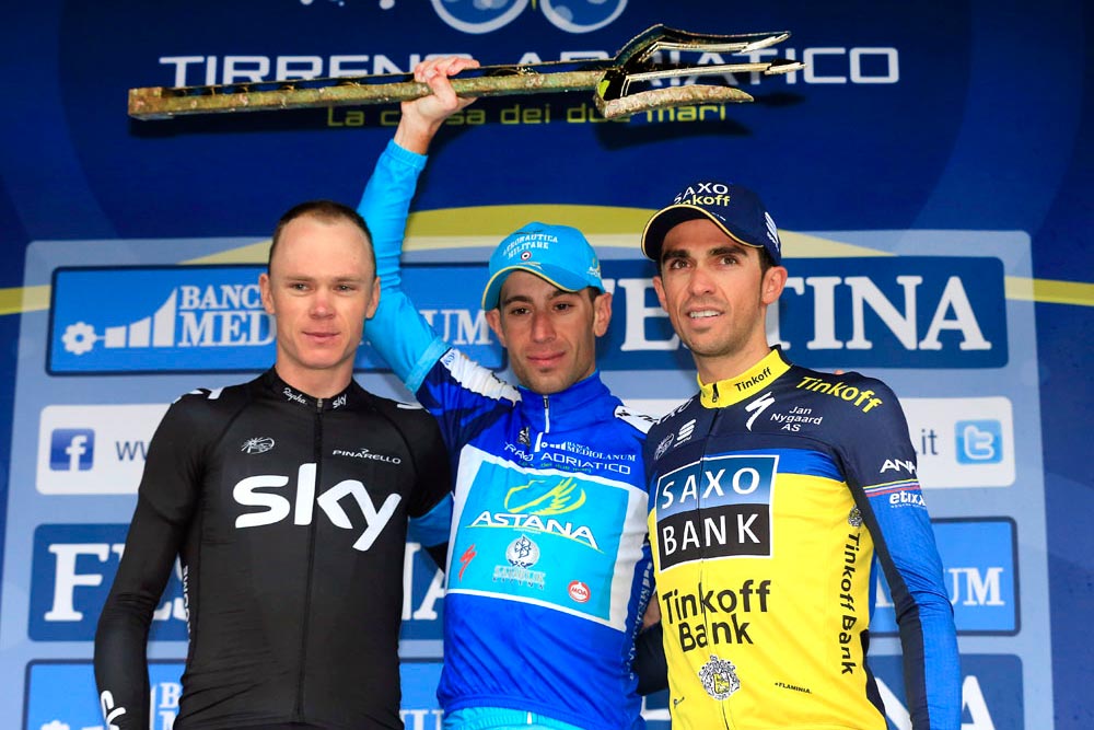 Photo: Chris Froome 92nd), Vincenzo Nibali (winner) and Alberto Contador (3rd), Tirreno-Adriatico 2013. 