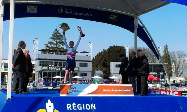 Tao Geoghegan Hart on the podium, Junior Paris-Roubaix 2013 Tao Geoghegan Hart on the podium, Junior Paris-Roubaix 2013