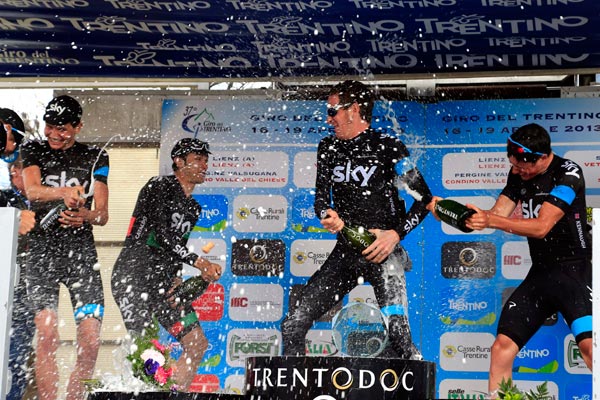 Sky celebrate on podium after winning Giro del Trentino team time trial, 2013 Sky celebrate on podium after winning Giro del Trentino team time trial, 2013