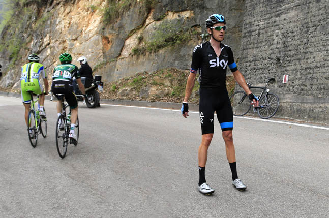 Bradley Wiggins waits for team support, Giro del Trentino 2013, stage four Bradley Wiggins waits for team support, Giro del Trentino 2013, stage four