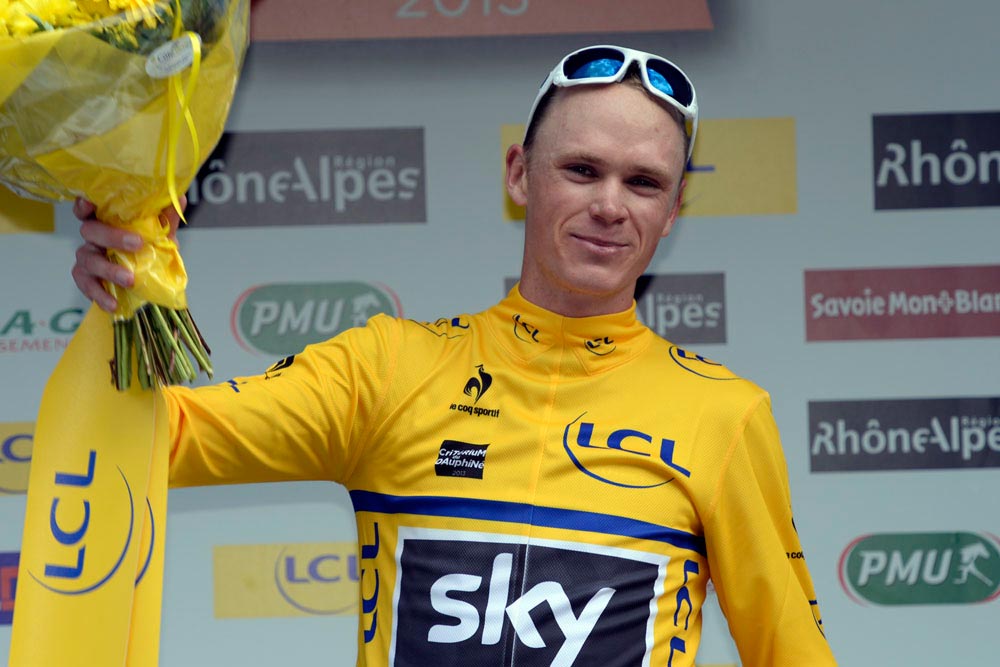 Chris Froome on podium, Criterium du Dauphine 2013, stage five Chris Froome on podium, Criterium du Dauphine 2013, stage five