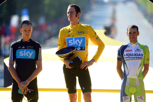Photo: Tour de France 2012 final podium: Froome, Wiggins, Nibali. 