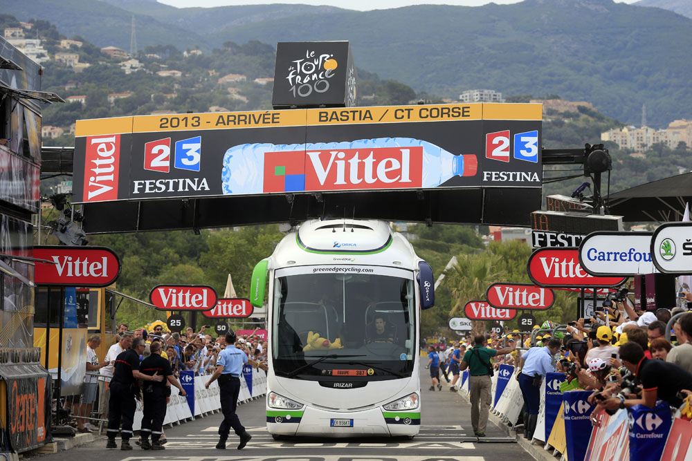 Orica-GreenEdge bus stuck under gantry, Tour de France 2013, stage one Orica-GreenEdge bus stuck under gantry, Tour de France 2013, stage one