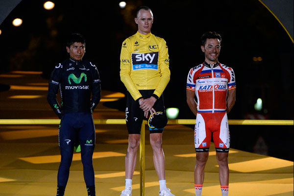 Nairo Quintana, Chris Froome and Joaquim Rodriguez on podium, Tour de France 2013, stage 21 Nairo Quintana, Chris Froome and Joaquim Rodriguez on podium, Tour de France 2013, stage 21
