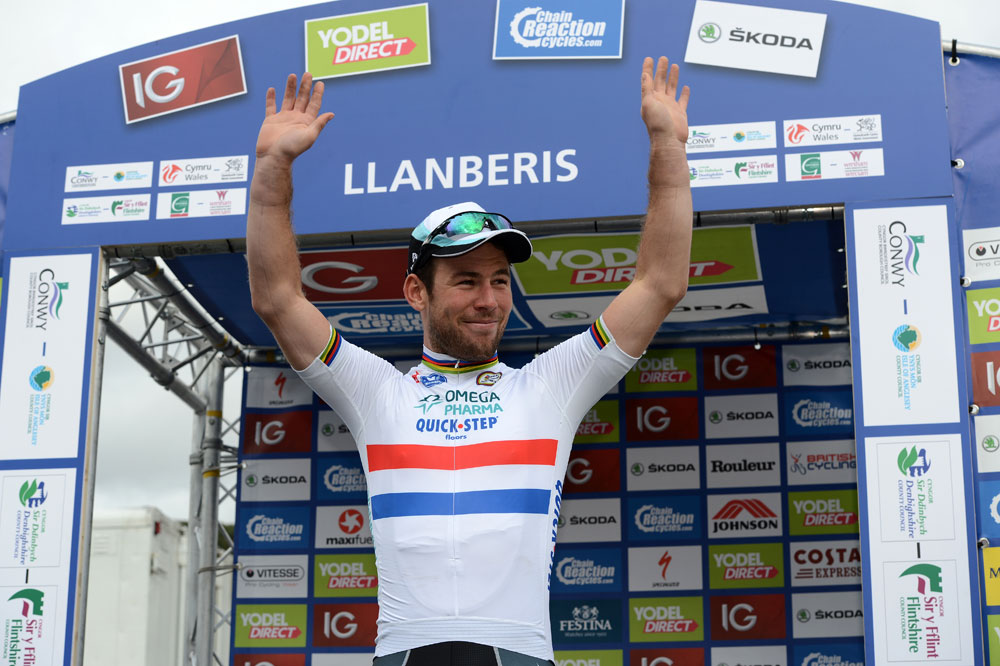 Mark Cavendish on podium after winning stage four of Tour of Britain 2013 Mark Cavendish on podium after winning stage four of Tour of Britain 2013