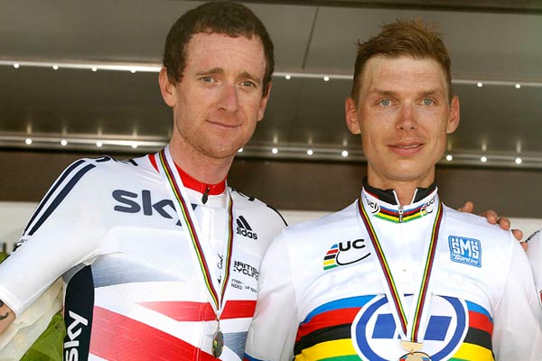 Bradley Wiggins and Tony Martin, men's TT podium, Road World Champs 2013 Bradley Wiggins and Tony Martin, men's TT podium, Road World Champs 2013