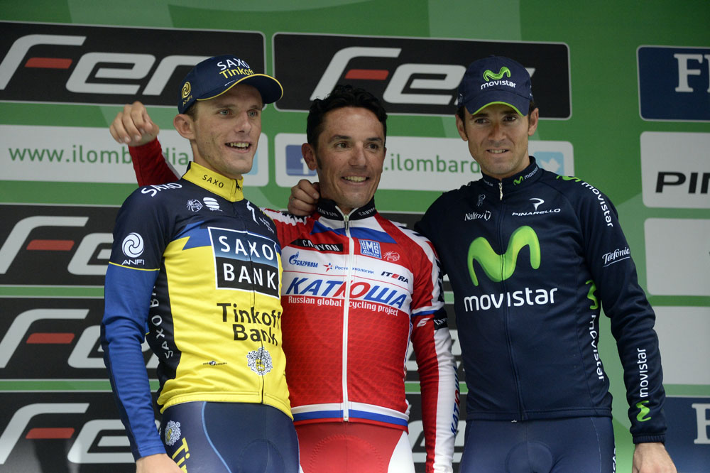Majka and Valverde with winner Rodriguez, Tour of Lombardy 2013 Majka and Valverde with winner Rodriguez, Tour of Lombardy 2013